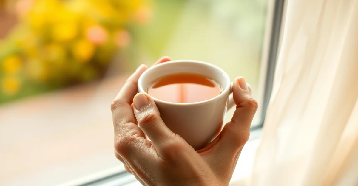 hands holding warm tea in a garden