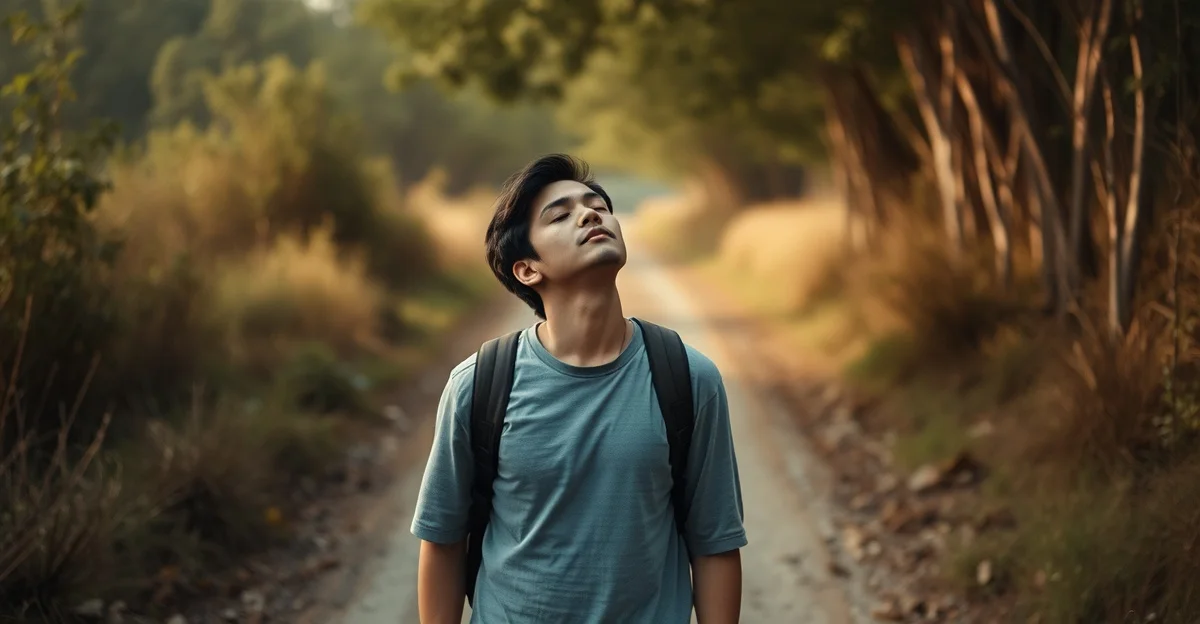 따뜻한 차를 마시는 손이 정원에서 평온함을 찾고 있는 모습