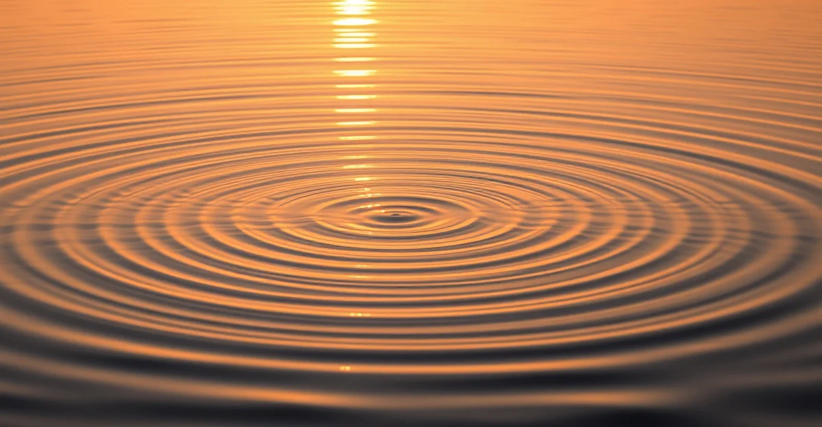 잔잔한 물 위의 석양이 부드러운 파동을 만들고 있는 모습