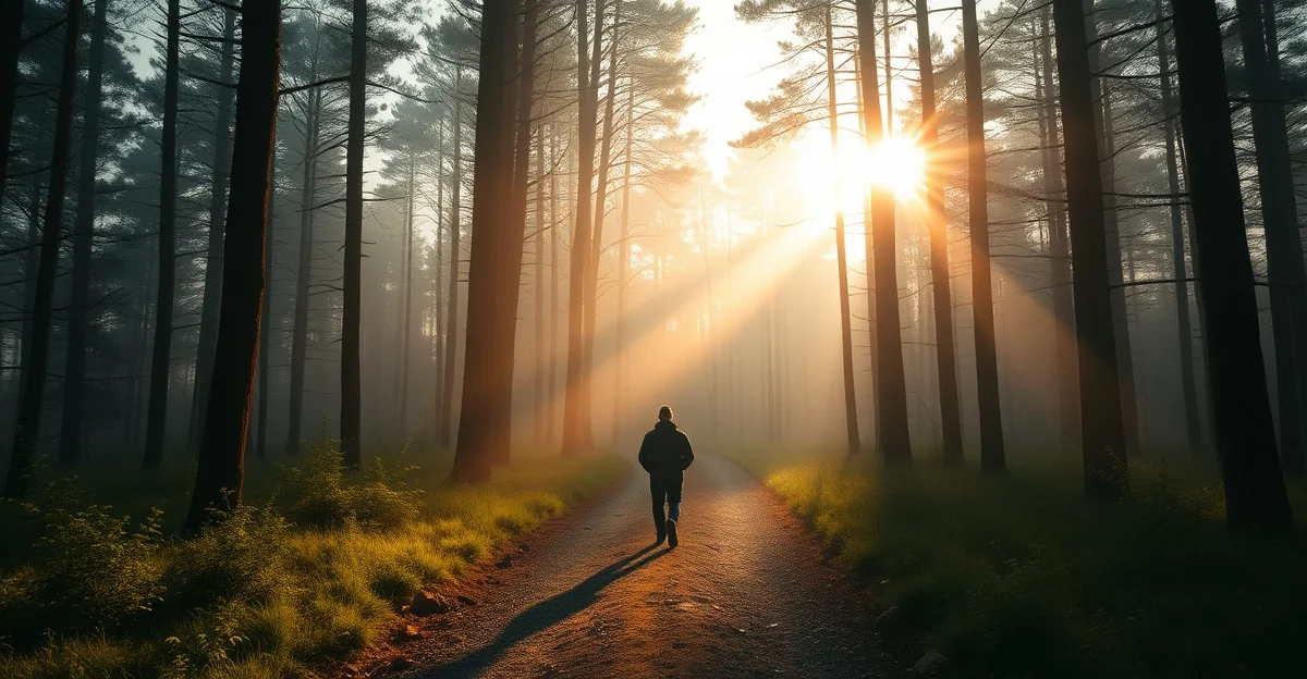 조용한 아침 숲길의 안개