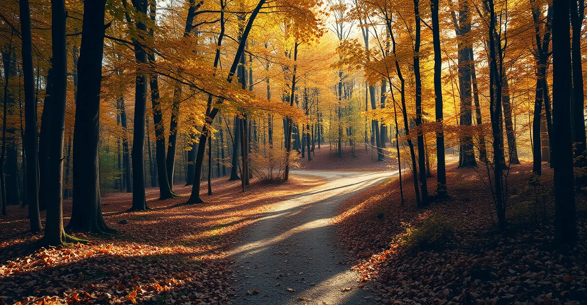 조용한 숲길에 아침 햇살이 비치는 모습