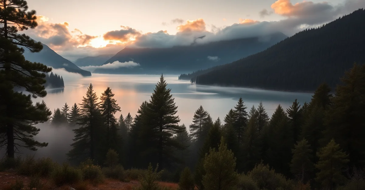 잔잔한 물결이 일렁이는 호수 위로 지는 석양