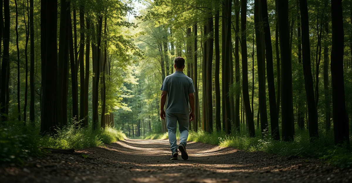 조용한 숲길을 걷는 아침햇살