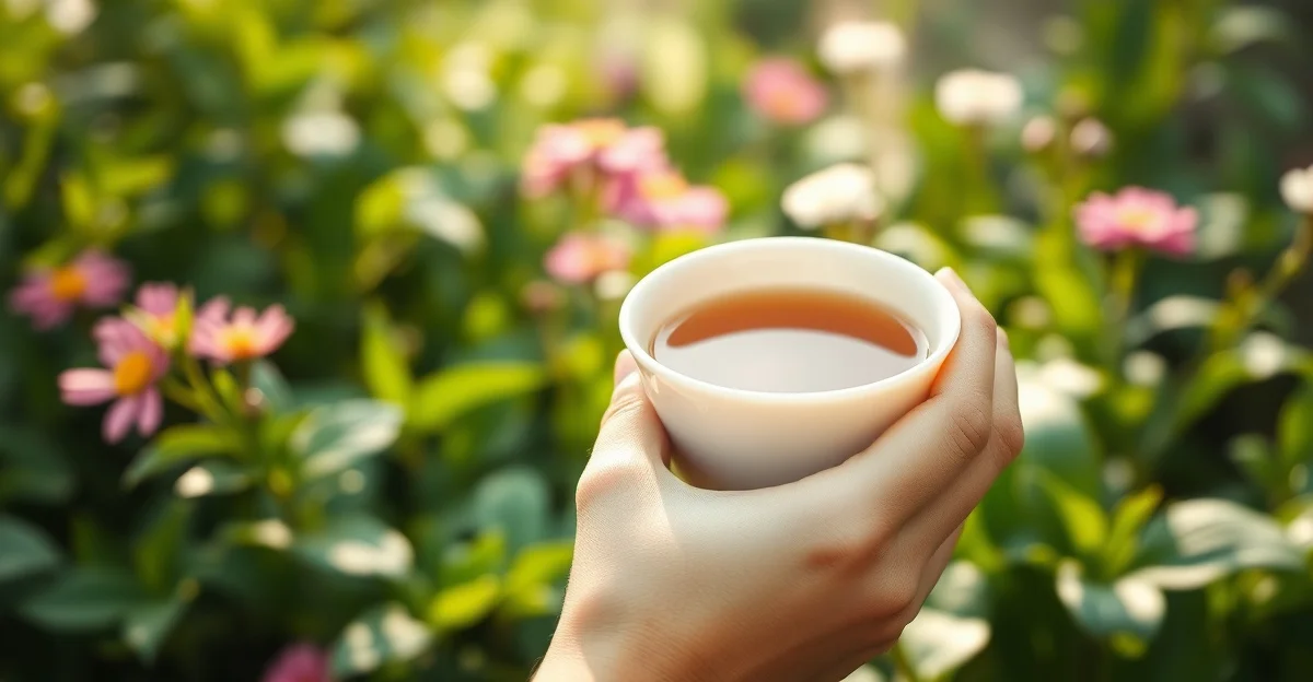 정원에서 따뜻한 차를 들고 있는 손