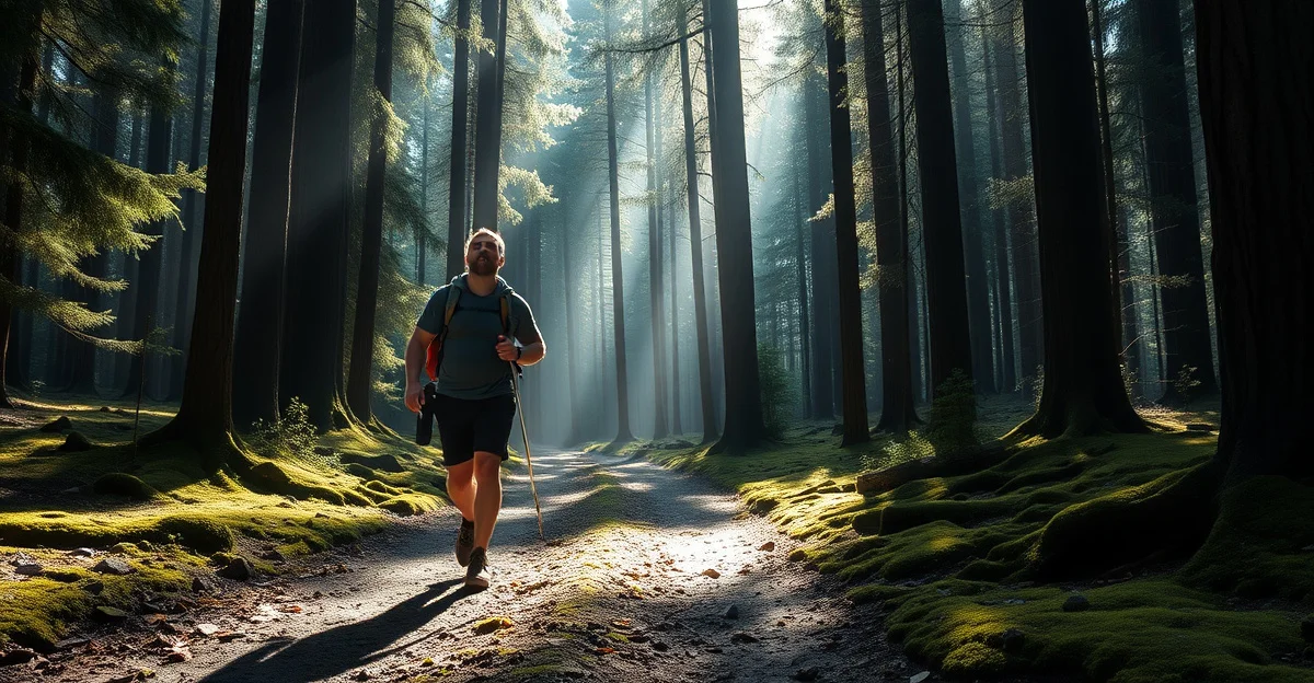 고요한 숲길을 걸어가는 장면