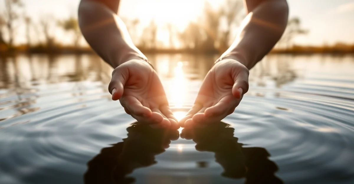 잔잔한 물 위로 햇빛이 비추는 순간