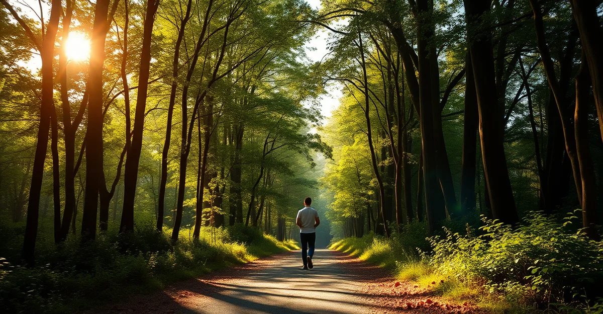 조용한 숲길에 햇빛이 내려오는 모습