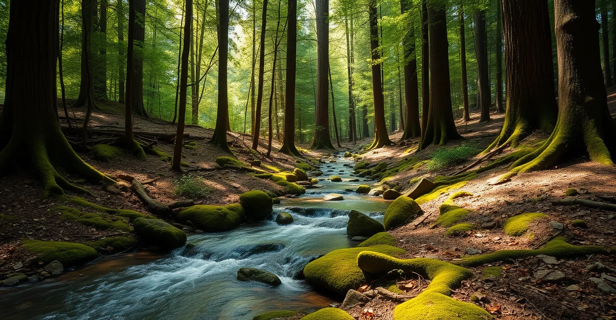 조용한 숲의 작은 개울이 흐르는 풍경