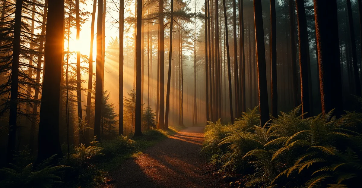 새벽 숲길의 부드러운 빛