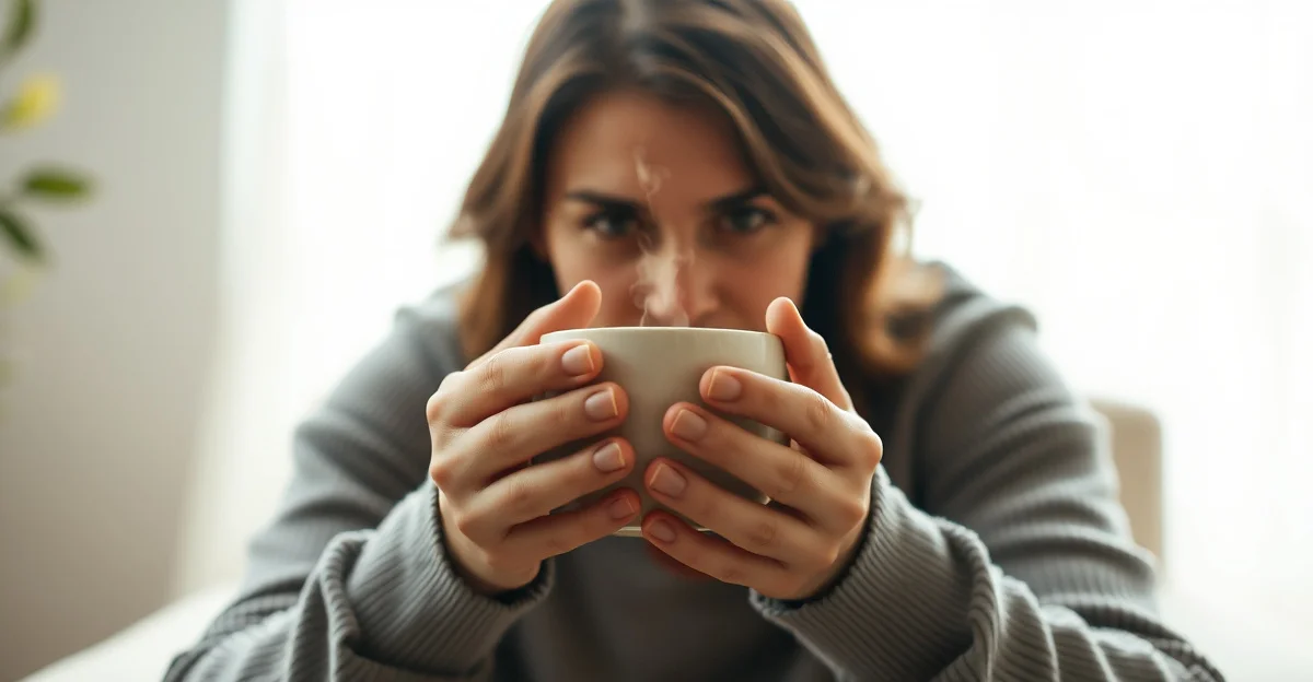 hands holding warm tea in a garden