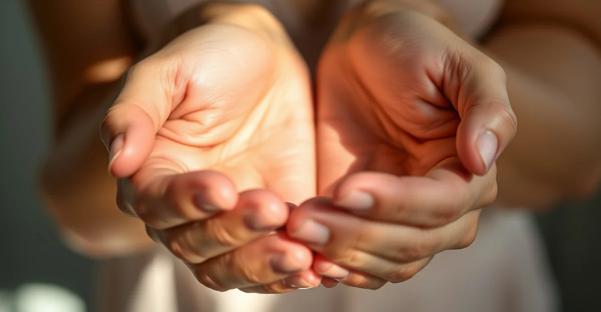 hands holding warm tea in a garden