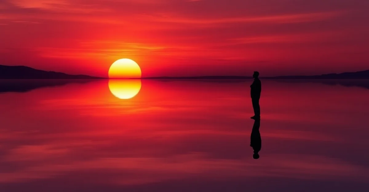 잔잔한 물 위의 해가 지는 풍경