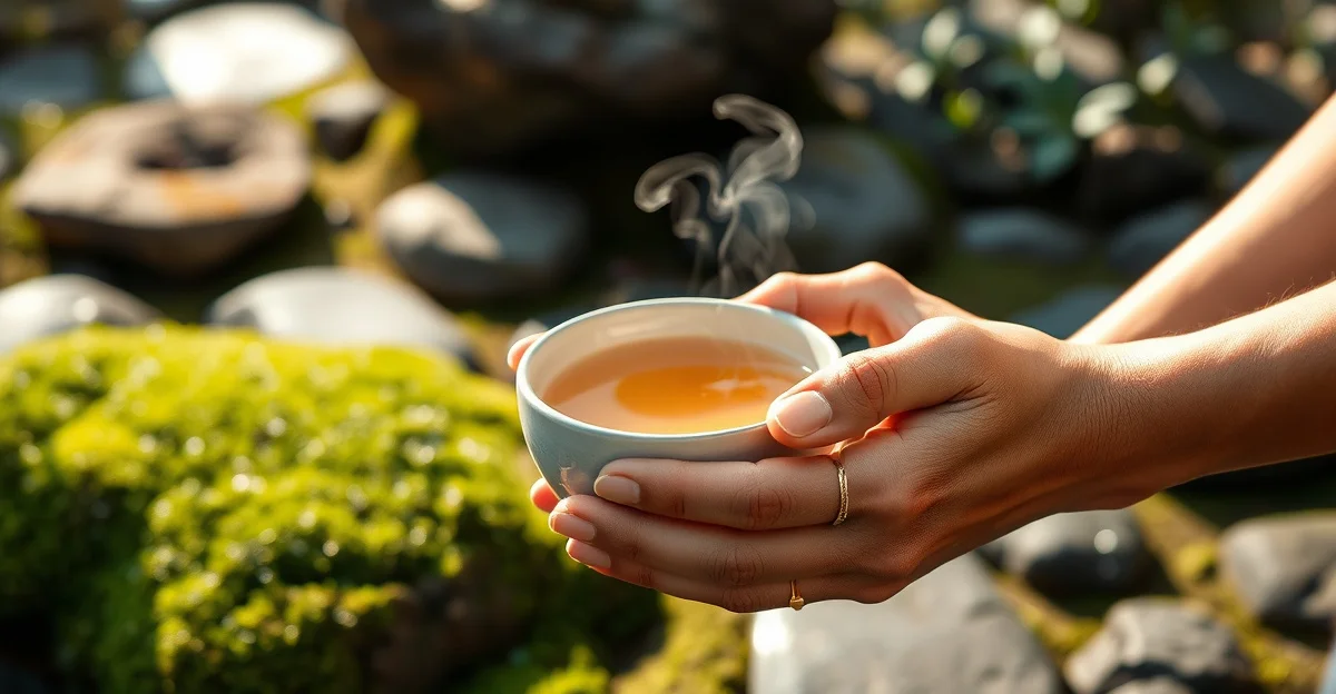 조용한 호수가에서 바라본 맑은 하늘