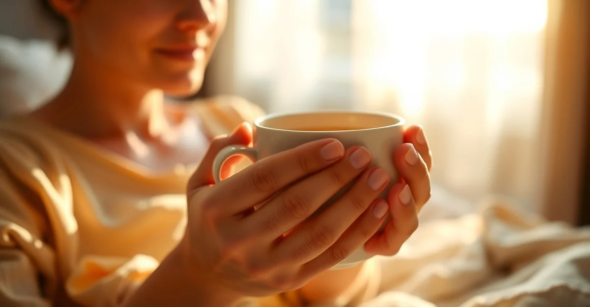 hands holding warm tea in a garden