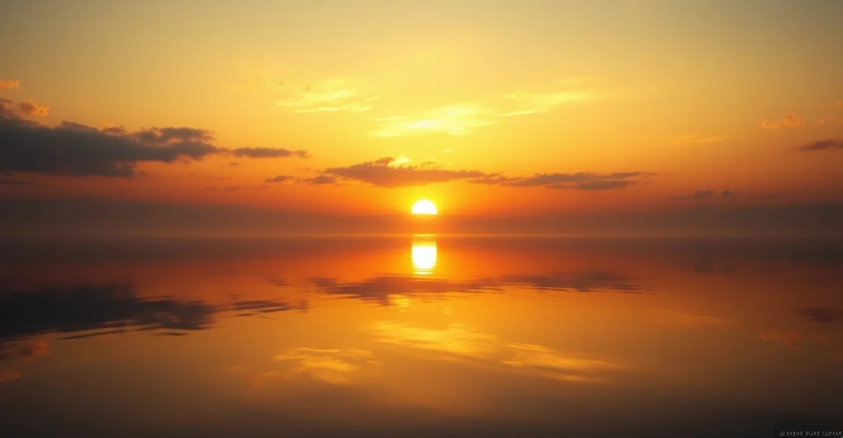 저물어가는 해가 잔잔한 물 위에 비치는 모습