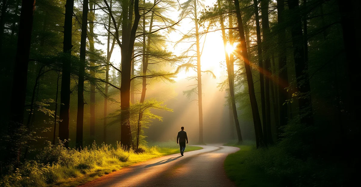 조용한 숲길에 아침 햇살이 비치는 풍경