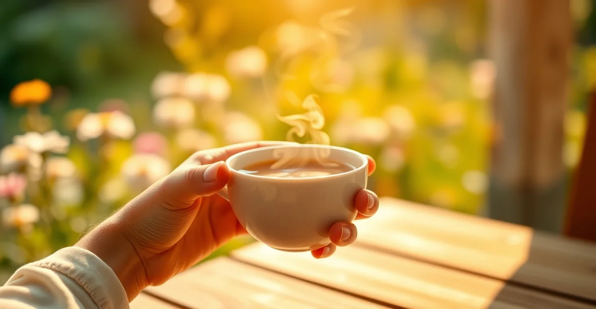 따뜻한 차를 들고 있는 손, 정원의 배경