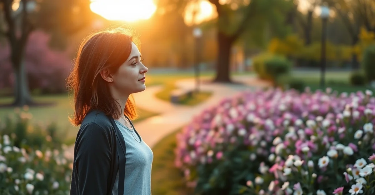 조용한 정원의 벤치, 햇빛이 부드럽게 내려앉다