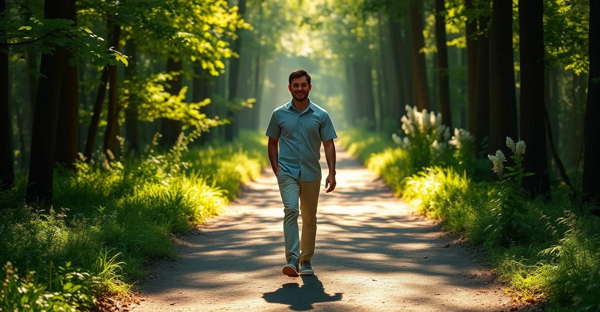 조용한 숲길이 햇빛으로 비추는 이른 아침