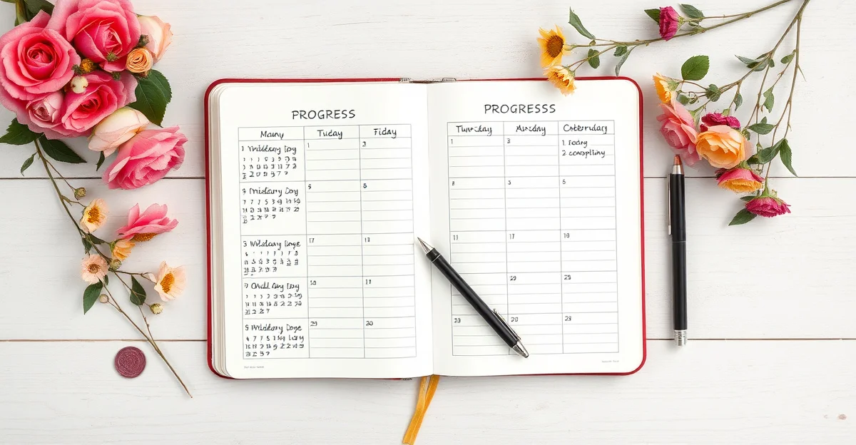 책장에 놓인 열린 노트와 펜