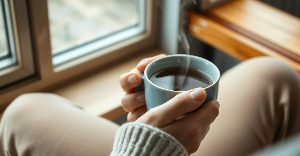 hands holding warm tea in a garden