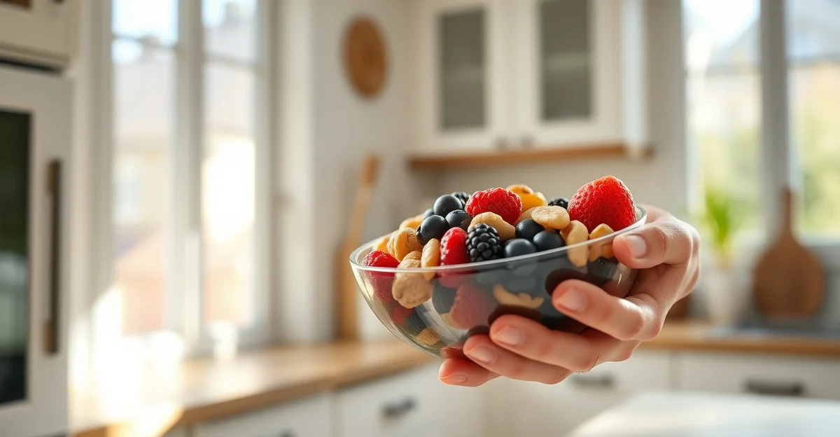 아침 햇빛이 들어오는 창가에 놓인 신선한 과일