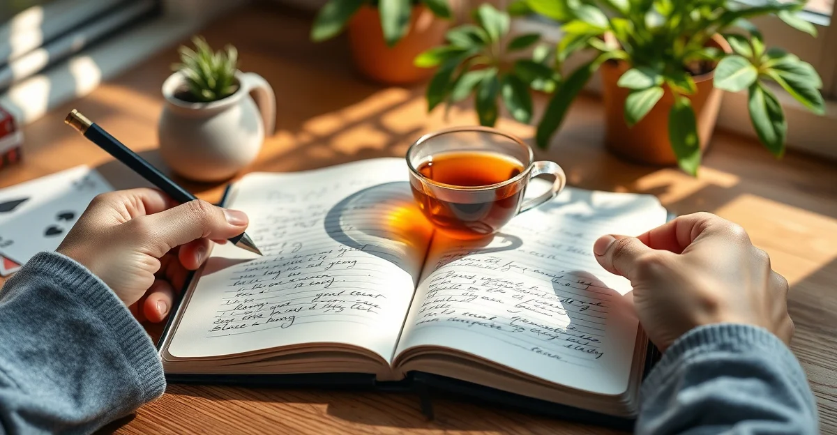 a notebook and warm tea on a quiet desk