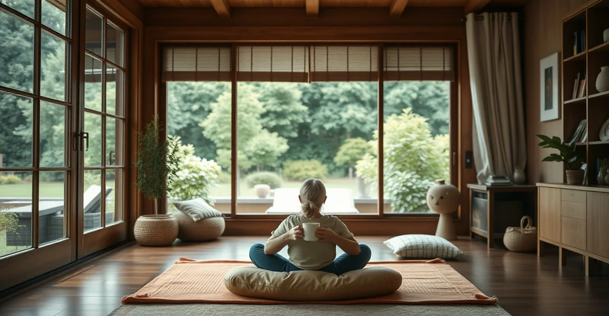 따뜻한 차를 들고 있는 손과 정원 풍경