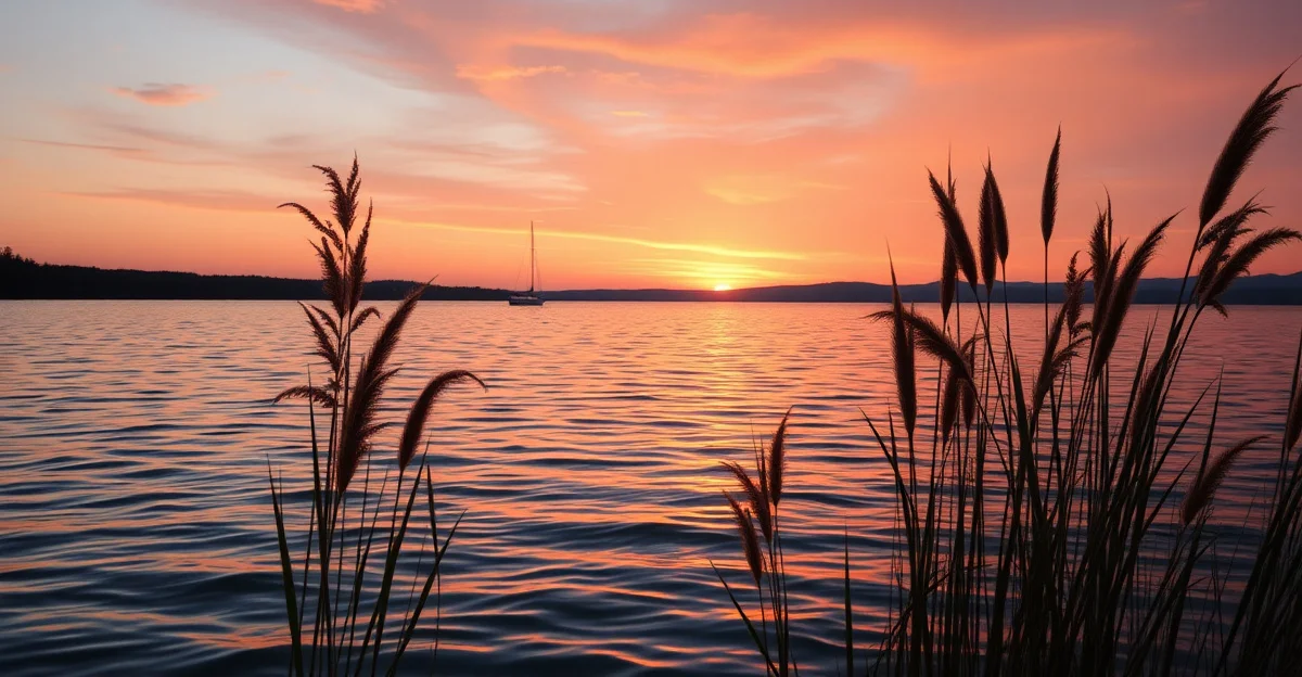 잔잔한 물결이 있는 호수 위 석양